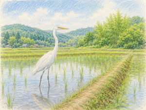 田んぼにいるサギのイラスト