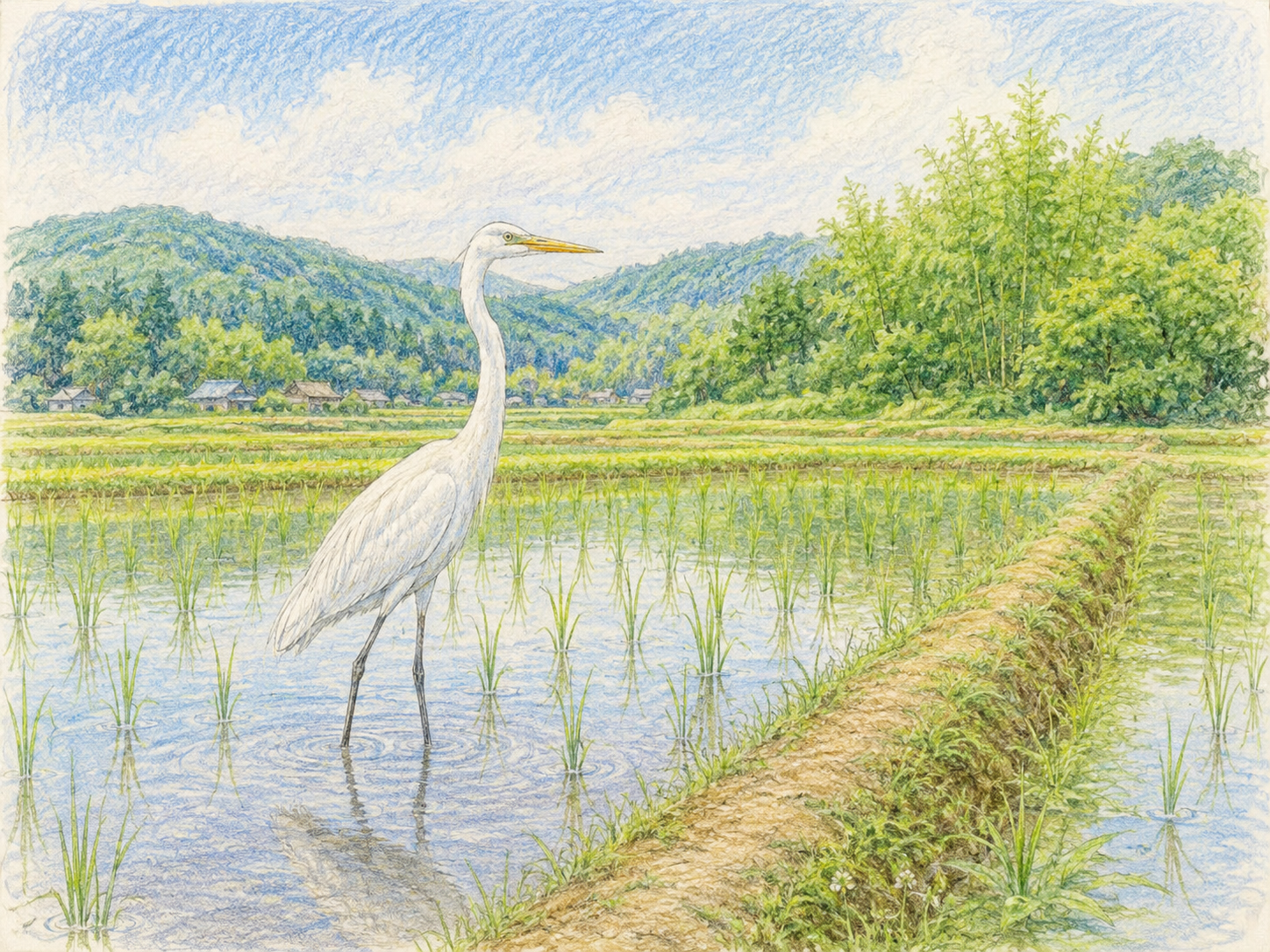 田んぼにいるサギのイラスト